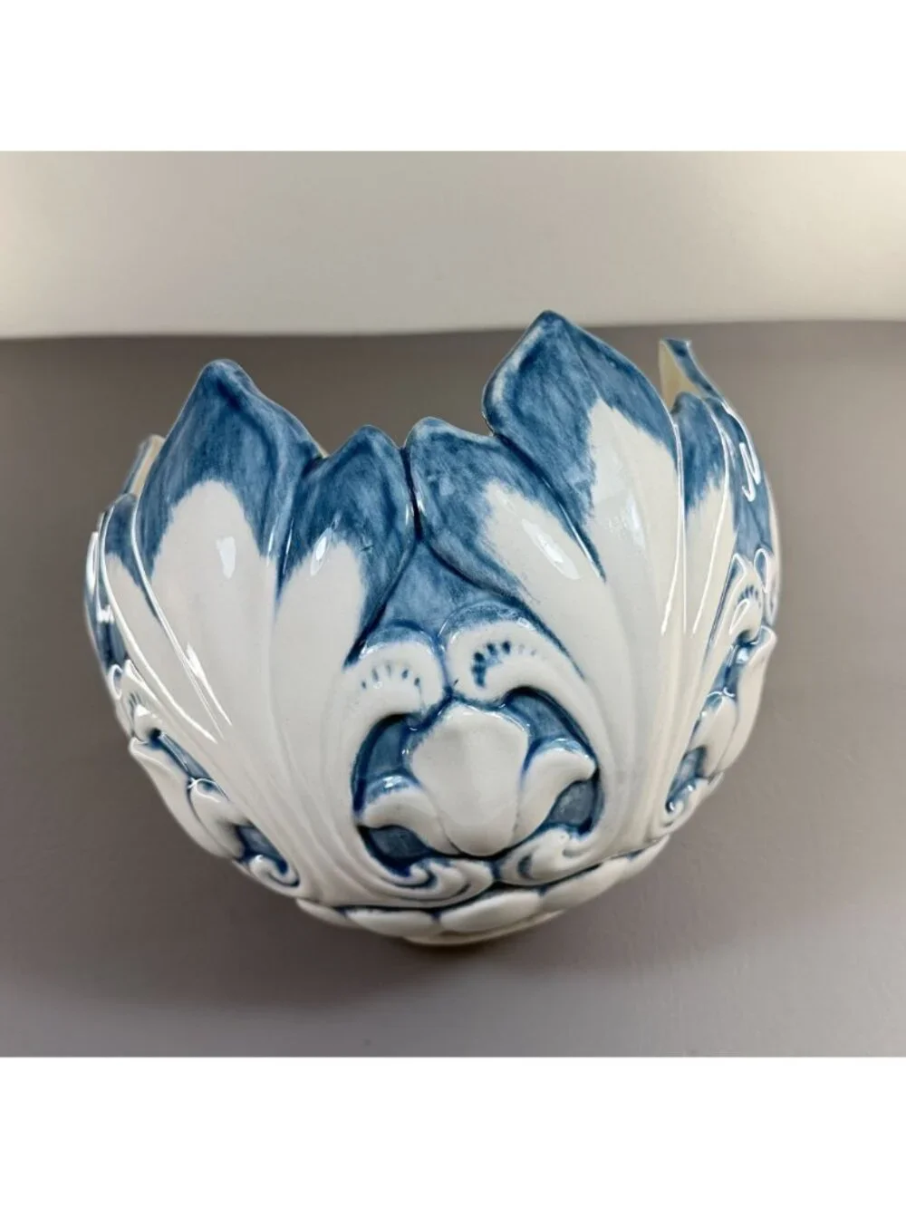 Italian Style Blue White Majolica Petal Cachepot Large Floral Centerpiece Bowl
